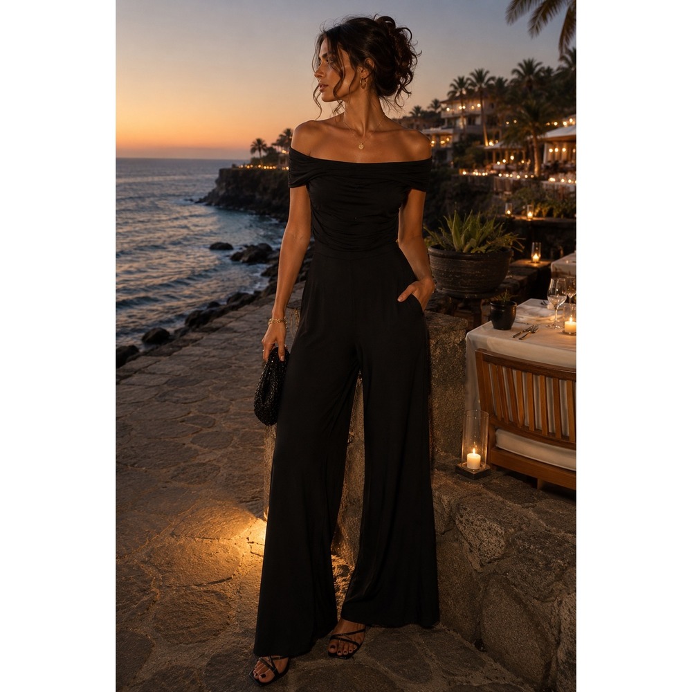 Free People FP Beach Kenna Black Off Shoulder Palazzo Jumpsuit Medium Resort - Picture 1 of 14